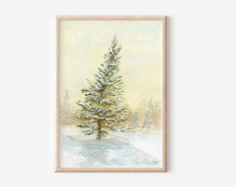 Snowy Tree Watercolor Print | Christmas tree winter art peaceful watercolor painting holiday wall decor evergreen trees forest giclee print