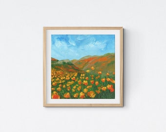 California Poppy Field art print | fine art giclee California mountain landscape oil painting square canvas print