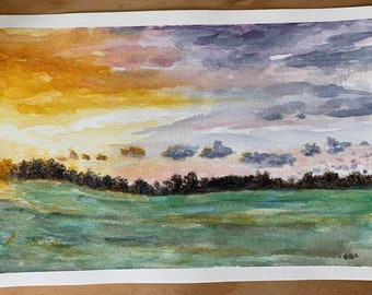 Watercolor Clouds and Meadow original painting | cloudy sunrise landscape painting relaxing wall decor