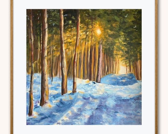 Forest Art Print impressionist artwork pine trees painting square canvas print winter wall decor giclee snow picture art for office peaceful