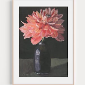 Dahlia flower fine art giclee print | floral acrylic painting | flower art home wall decor peach pink flower canvas print Mother’s Day gift