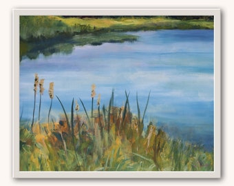 Pond Art Print relaxing wall decor blue water landscape painting peaceful artwork office wall art painted cattails canvas fine art prints