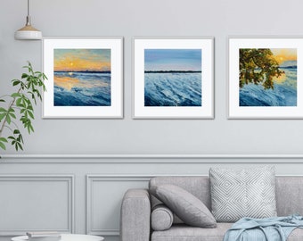 Set of 3 Lake Art Prints sunset art print Lake Michigan painting summer cottage wall decor bathroom wall art square canvas print summertime