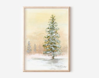 Evergreen Tree Watercolor Print | Christmas tree winter art peaceful watercolor painting holiday wall decor snowy trees forest giclee print