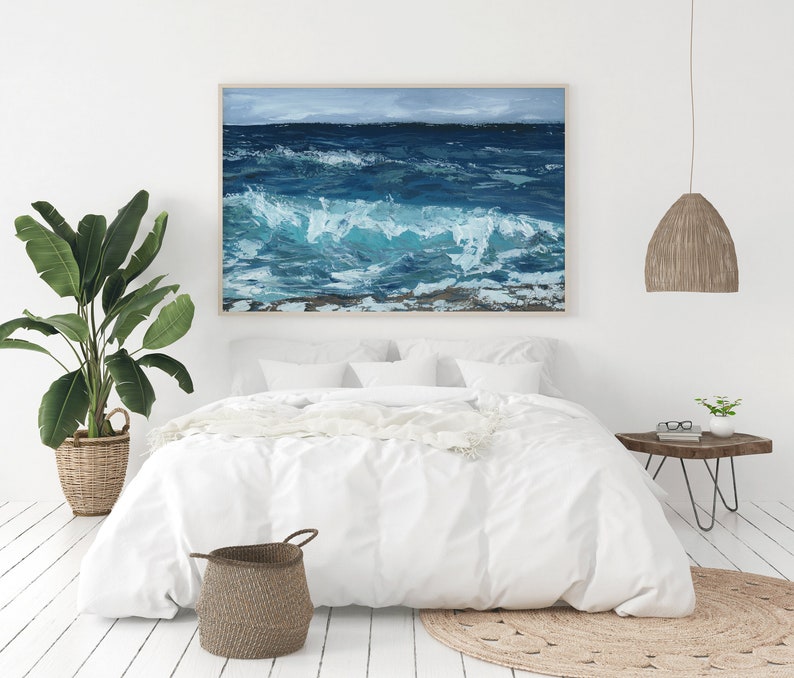 Abstract Waves Art Print ocean painting fine art beach decor vacation home decoration surfing water canvas print art for office walls blue image 2