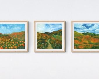 Set of 3 Poppy Field Prints -fine art giclee canvas flower field landscape California mountain oil painting home wall decor square beautiful