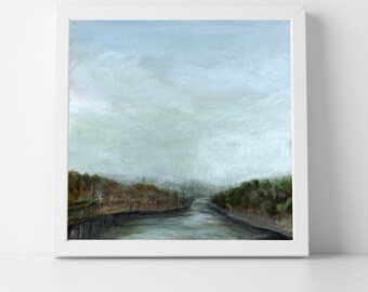 Moody Art Print Hudson River - vintage canvas print muted color acrylic painting foggy river landscape peaceful wall decor square giclee art