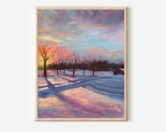 Snowy Winter Sunrise Painting Fine Art Print | snow trees outdoor landscape canvas print wall decor fine art sunset colorful sky clouds
