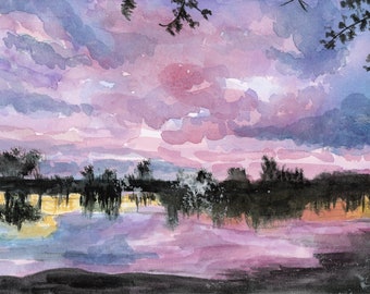 Original Watercolor Sunset Painting | lagoon water reflections relaxing painted home decor watercolors by artist fine art landscape