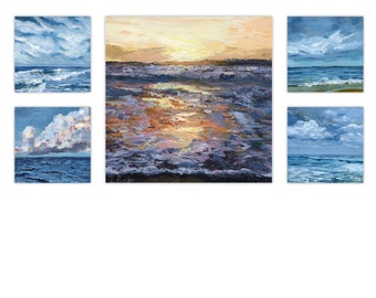 Ocean fine art giclee print set of 5 | Beach acrylic painting | Beach art home wall decor square canvas prints