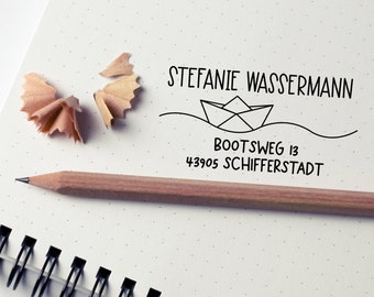 Holzstempel für Kinder personalisiert "Boot", Stempel, Name, Adresse, Adressstempel, Geschenk zur Einschulung, 6 x 3 cm, mit Stempelkissen