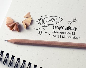 Holzstempel für Kinder personalisiert "Rakete", Stempel, Name, Adresse, Adressstempel, Geschenk zur Einschulung, 6 x 3 cm, mit Stempelkissen