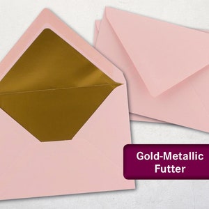 Umschläge, Rosa, DIN C6 oder DIN-lang, matte Oberfläche, Gold-Metallic Futter, Nassklebung, ohne Fenster