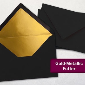 Umschläge, Schwarz, DIN C6 oder DIN-lang, matte Oberfläche, Gold-Metallic Futter, Nassklebung, ohne Fenster