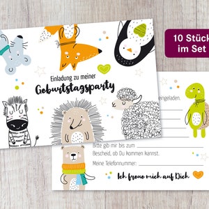 Einladung Kindergeburtstag „Tiere“ zum Ausfüllen, Geburtstagsfeier, Karte, Party, Geburtstag, 10 Stück im Set, inkl. Umschläge lieferbar
