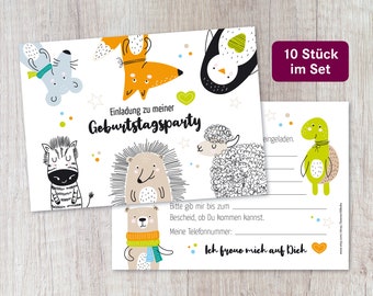 Einladung Kindergeburtstag „Tiere“ zum Ausfüllen, Geburtstagsfeier, Karte, Party, Geburtstag, 10 Stück im Set, inkl. Umschläge lieferbar