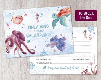 Einladung Kindergeburtstag „Meerestiere“ zum Ausfüllen, Geburtstagsfeier, Karte, Party, Geburtstag, 10 Stück im Set, inkl. Umschläge