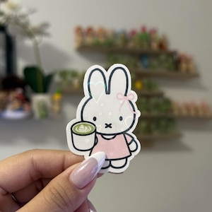 Miffy Matcha Vinyl Sticker | Waterproof Die Cut with Holographic Star heart laminate