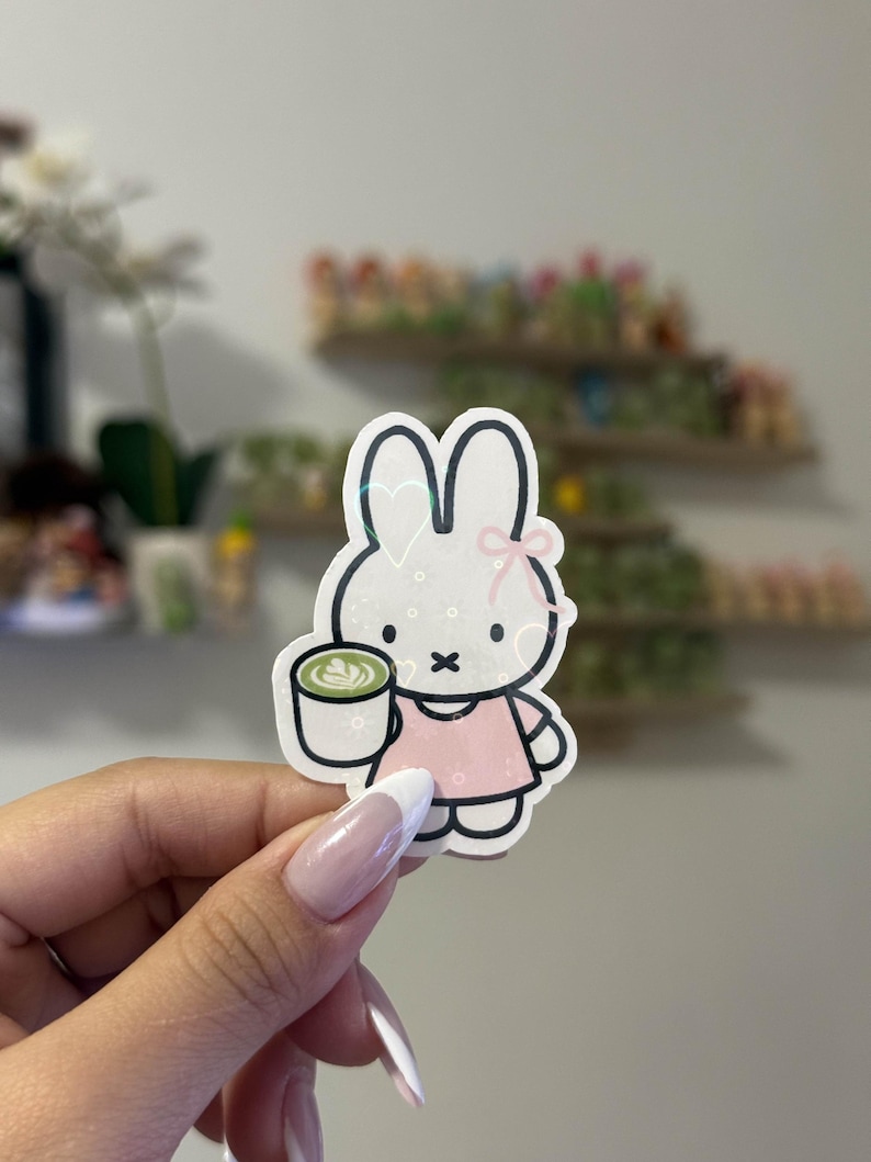Miffy Matcha Vinyl Sticker | Waterproof Die Cut with Holographic Star heart laminate