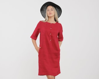 Red Midi Linen Dress,Loose Linen Dress LUCY ,Red Summer Linen Dress for Woman,Washed Soft Linen,Organic Linen,Dress with Pockets