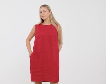 Ready to Ship Linen Dress,S size Linen Sleeveless Dress,Red Linen Summer Dress,EVELYN Linen Dress for Women,Linen Tunic Dress with Pocket