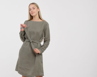 Ready to Ship Linen Dress,Size S,Long Sleeve Linen Dress,Linen Dress for Women,ELLA Linen Dress with Pocket & Belt,Washed Soft Linen