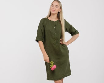 Ready to Ship Linen dress LUCY, Size S,Softened & Washed Linen Dress,Linen Dress with Pocket , Midi Linen Dress, Loose Linen Dress for Women