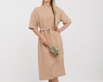 Bereit zum Schiff, Leinen Maxi-Kleid, AYCA, Größe S, Leinen Kleid mit Gürtel, minimale Leinen Kleid, weichiert & gewaschen Leinen Kleid, Leinen Kleid mit Tasche