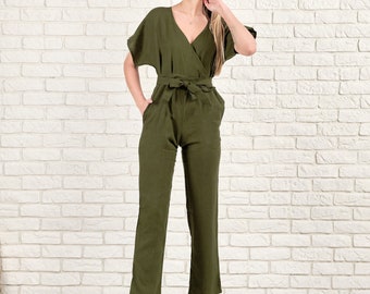 Ready to Ship Wrap Linen Jumpsuit,S size Linen Overall, Jumpsuit Women, Linen Romper, Jumpsuit with belt & pocket,Color options