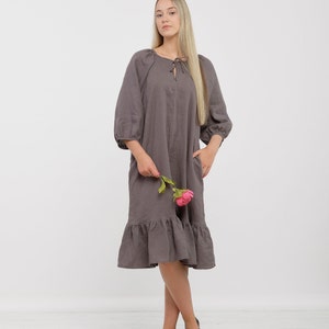 Ready to Ship S size Linen Dress,Linen Dress ELEANOR,Linen Dress Woman,Puff Sleeve Dress,Linen Dress with Pocket & Belt,Washed Linen Dress image 2