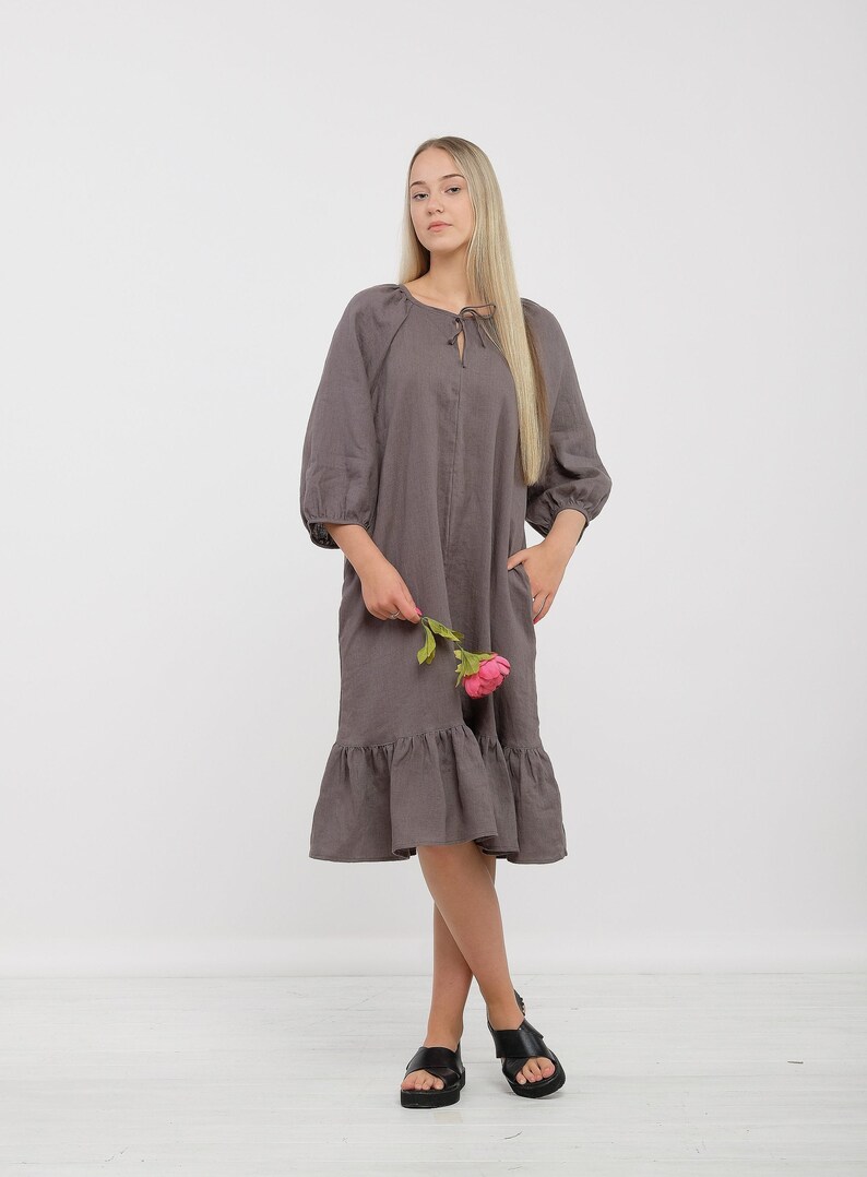 Ready to Ship S size Linen Dress,Linen Dress ELEANOR,Linen Dress Woman,Puff Sleeve Dress,Linen Dress with Pocket & Belt,Washed Linen Dress image 2