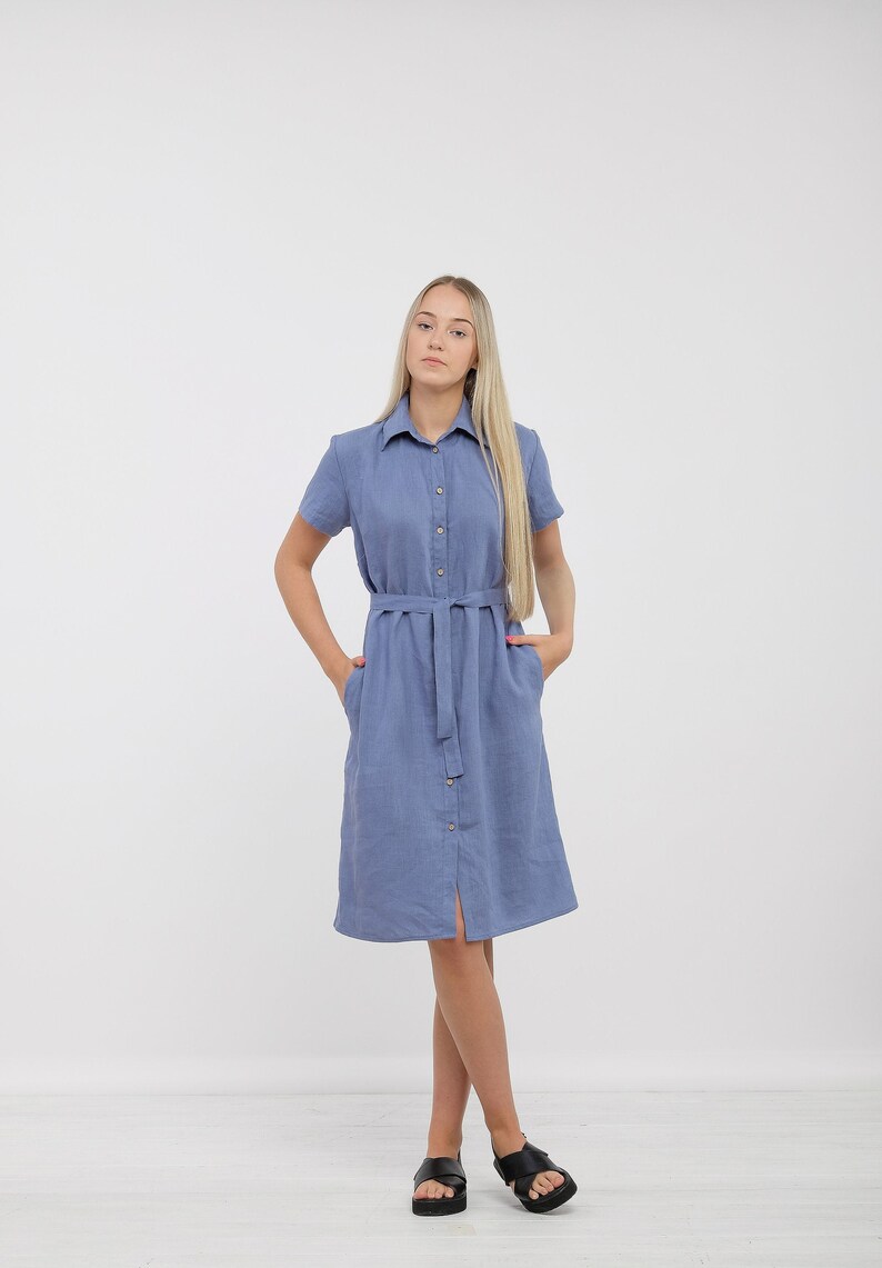 Ready to Ship,S size Blue Linen Button Down Dress,Linen Short Sleeve Midi Dress,Summer Linen Dress MIA,Linen Dress with Pocket and Belt