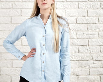 Ready to ship Linen Shirt, S size Button up Linen Top,Linen Tunic,Black Linen,Long Sleeve Linen Shirt