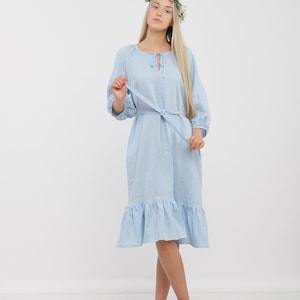 Ready to Ship S size Linen Dress,Linen Dress ELEANOR,Linen Dress Woman,Puff Sleeve Dress,Linen Dress with Pocket & Belt,Washed Linen Dress image 8