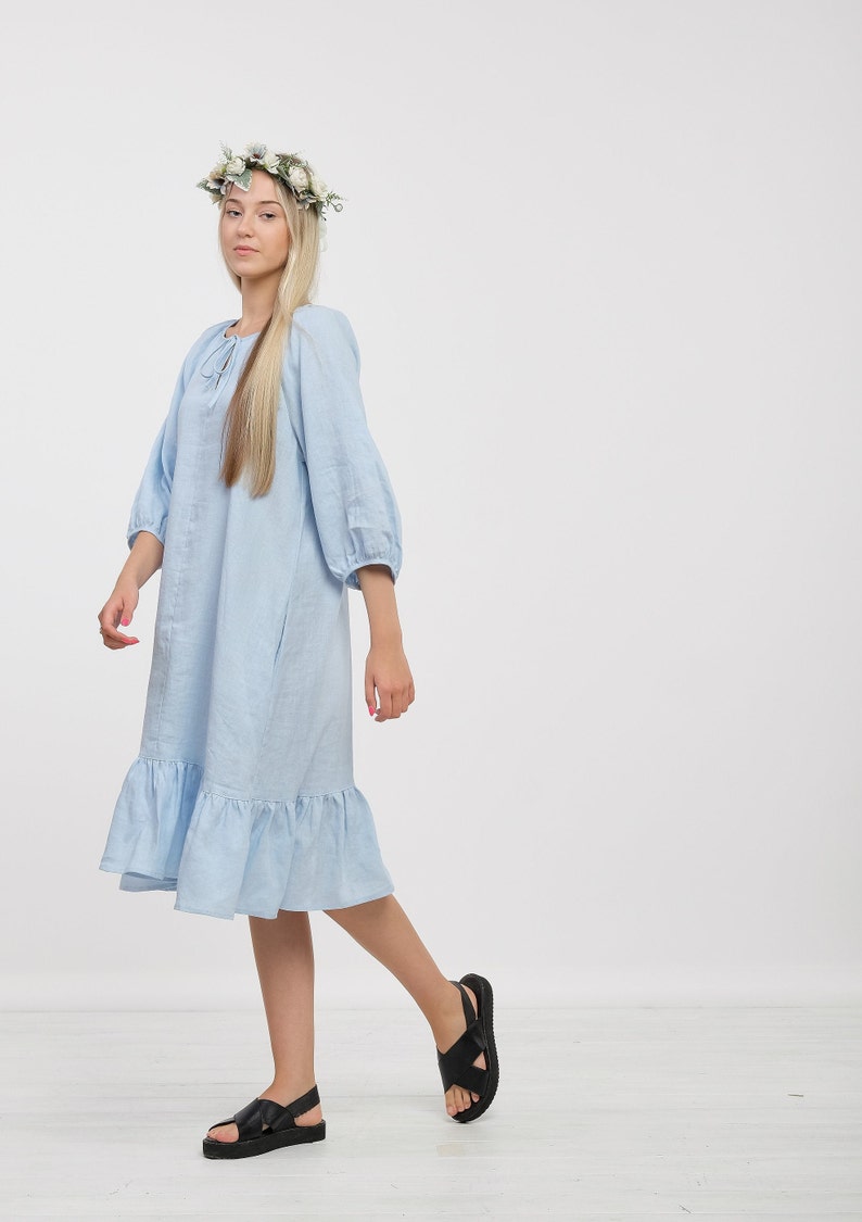 Ready to Ship S size Linen Dress,Linen Dress ELEANOR,Linen Dress Woman,Puff Sleeve Dress,Linen Dress with Pocket & Belt,Washed Linen Dress image 7