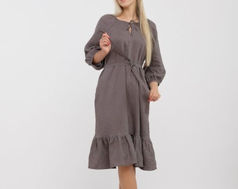 Ready to Ship S size Linen Dress,Linen Dress ELEANOR,Linen Dress Woman,Puff Sleeve Dress,Linen Dress with Pocket & Belt,Washed Linen Dress