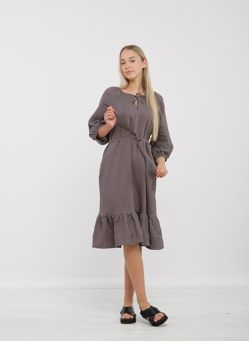 Ready to Ship S size Linen Dress,Linen Dress ELEANOR,Linen Dress Woman,Puff Sleeve Dress,Linen Dress with Pocket & Belt,Washed Linen Dress image 1