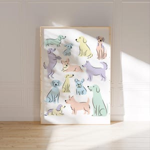 Pastel Dog Wall Art for Nursery, Whimsical Dog Digital Art Prints for Playroom, Playful Kids Room Décor Art Print, Cute Puppy Poster