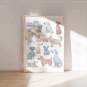 Süße Hundewandkunst für Babyzimmer, Pastellhundedruck Digitaler Download, Welpenkunst fürs Kinderzimmer, Blush-Kunstdruck für Spielzimmer, Hunderassen