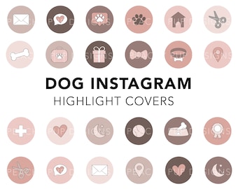 Op de afbeelding: Set van 18 Instagram-highlightcovers met hondenthema-pictogrammen in roze en bruin. De pictogrammen omvatten een bot, een pootprint, een hart, een hondenhalsband, een huis, een schaar, een EHBO-doos, een cadeaudoos, een strik, een locatiepin, een plusteken, een maan, een tennisbal, een hondenkom, een lint met een onderscheiding, een envelop en een spraakballon.
