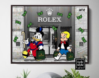 Scrooge Mcduck x Richie Rich x Uhr Kunst (CANVAS) alec Monopoly inspiriert - Uhr Kunst - Pop Art