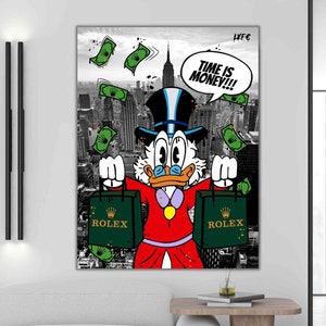 Time is Money x Scrooge Mcduck (CANVAS) Alec Monopoly inspiriert - Amex - Motivation - Geld Pop Art große Leinwand- Street Art Dom Perignon