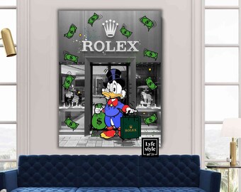 Scrooge Mcduck x Rolex Store (CANVAS) Alec Monopoly inspiriert - Wanddekoration - Motivation - Geld Pop Art groß - Uhrenkunst
