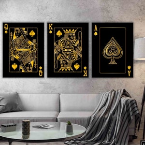 Carte da gioco Re, Regina e Asso (PACCHETTO TRIPLO TELA) arte motivazionale - grande decorazione da parete - arte di lusso - arte dorata