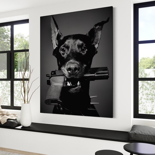 Doberman Gun  (CANVAS)   black and white - motivation - large canvas- success art - animal art  - luxury art