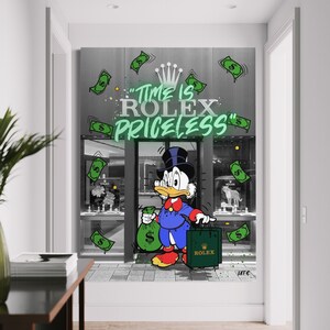 May include: A black and white illustration of a cartoon duck wearing a top hat and holding a bag of money and a shopping bag with the word "Rolex" on it. The background is a gray storefront with the words "Time is Rolex Priceless" in green.