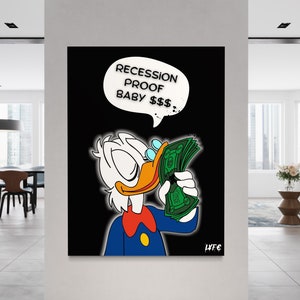 Money Duck (CANVAS) &#39;Recession Proof&#39; Alec Monopoly inspired - wall decor- gifts for him scrooge mcduck - money pop art large