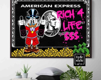 Scrooge Mcduck 'Rich 4 life' (CANVAS) Alec Monopoly inspirado - amex - motivación - dinero pop art gran lienzo - éxito del arte callejero