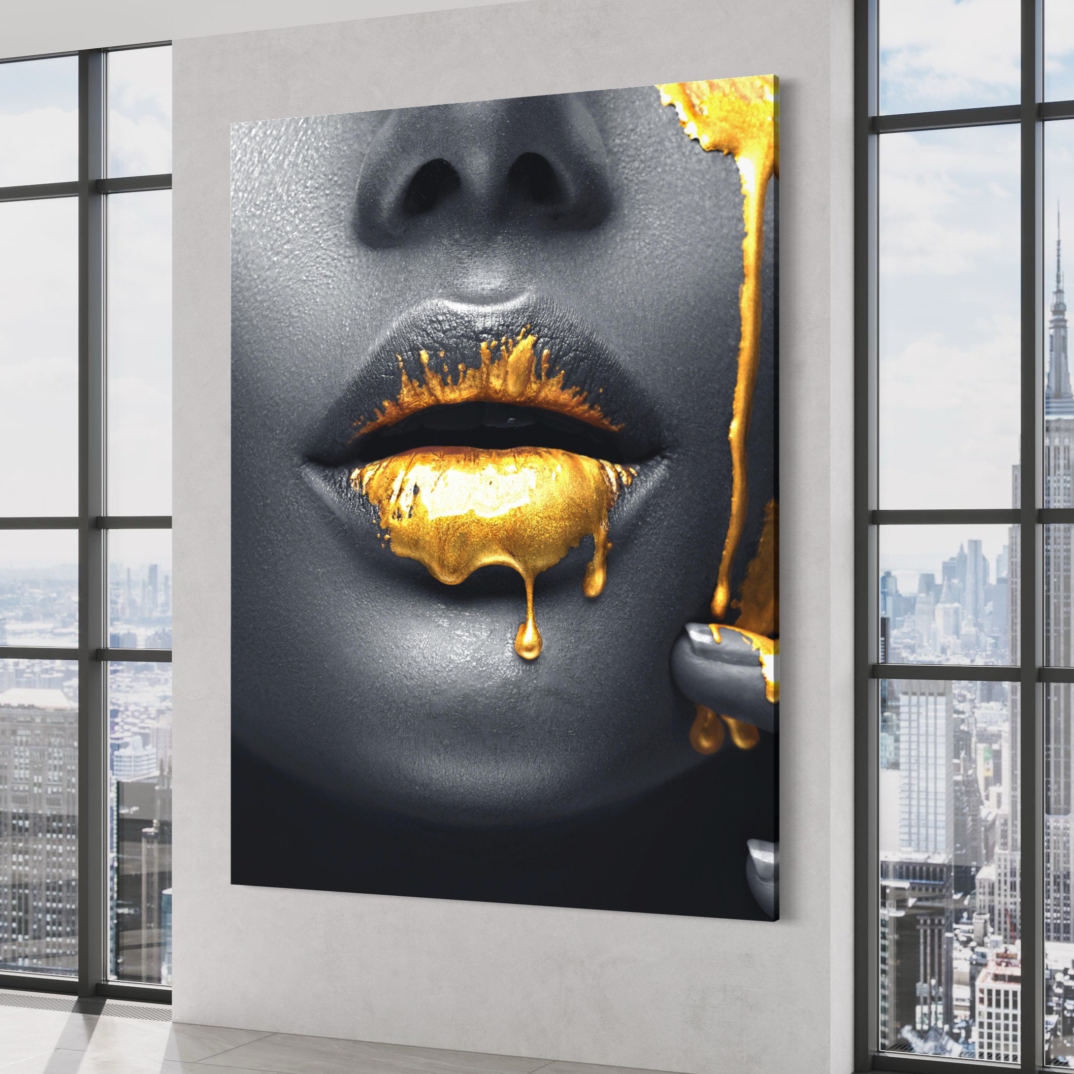 Gold Drip Lips Canvas Art Print, Contemporary Wall Decor - Etsy