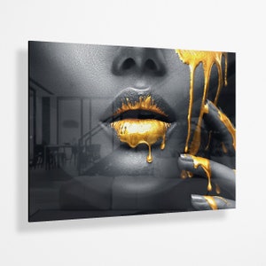 Splendida casa gocciolante oro labbra viso (EFFETTO VETRO) arte di lusso oro nero arte riscaldamento regalo astratto moderno